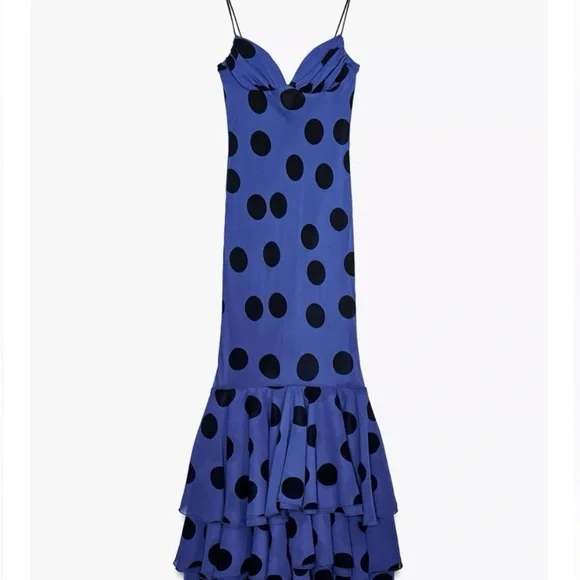 Zara Elegant Blue Maxi Dress with Black Dots - Picture 2 of 3